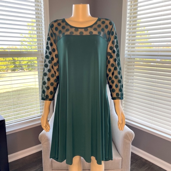 Nina Leonard 3/4 Sleeve Trapeze Dress With Dot Illusion Yoke - Picture 4 of 10